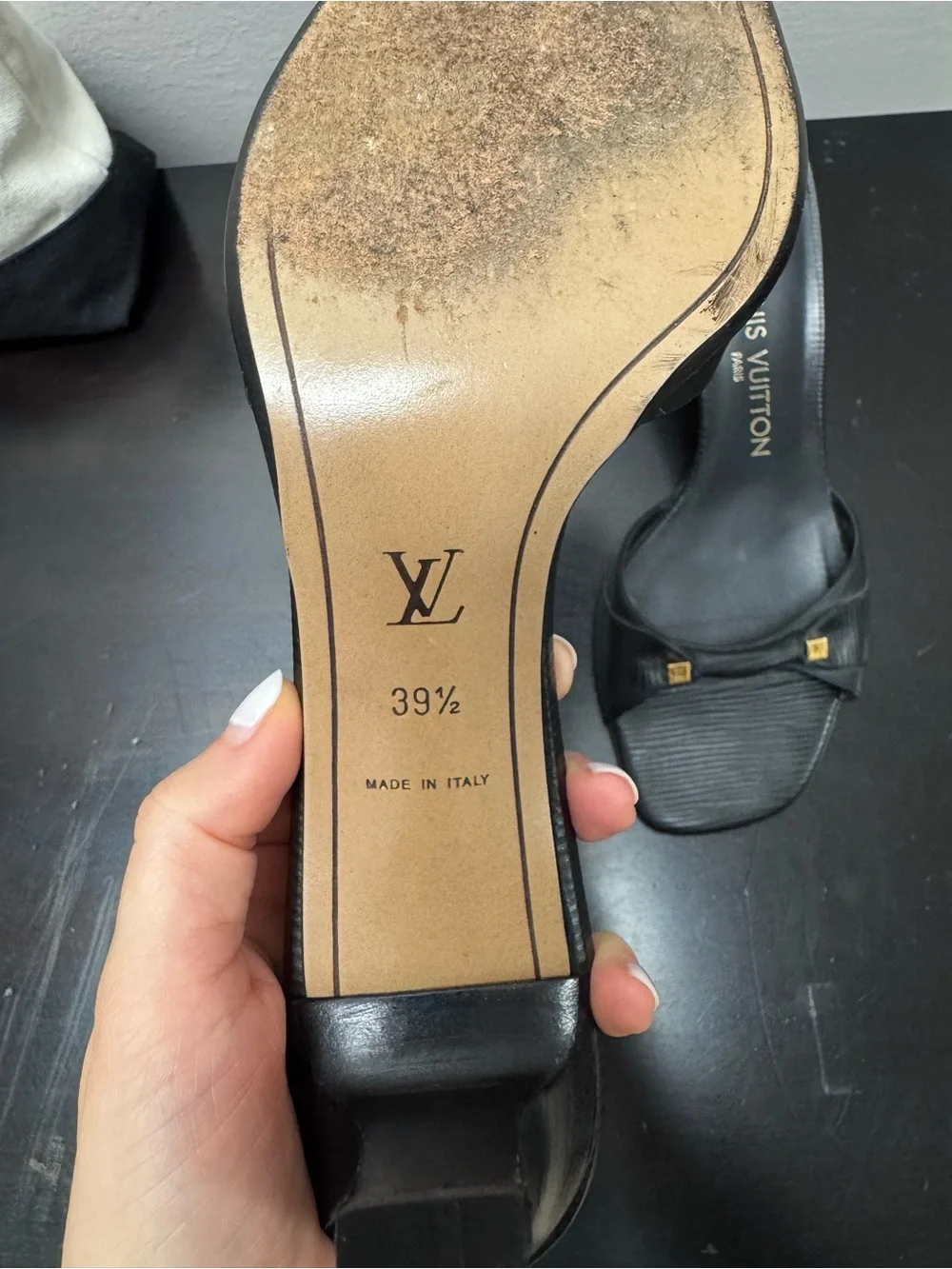 Louis Vuitton Black Leather Bow-Accent Heeled Slides